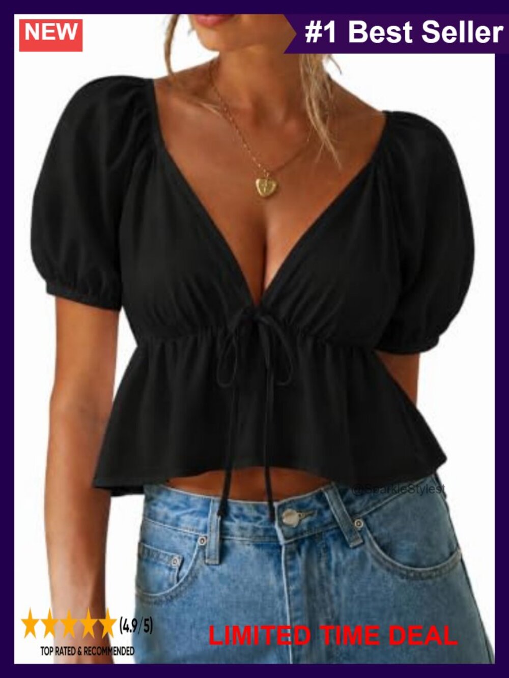 Remidoo Women's 100% Cotton Puff Sleeve Deep V-Neck Peplum Crop Top Blouse